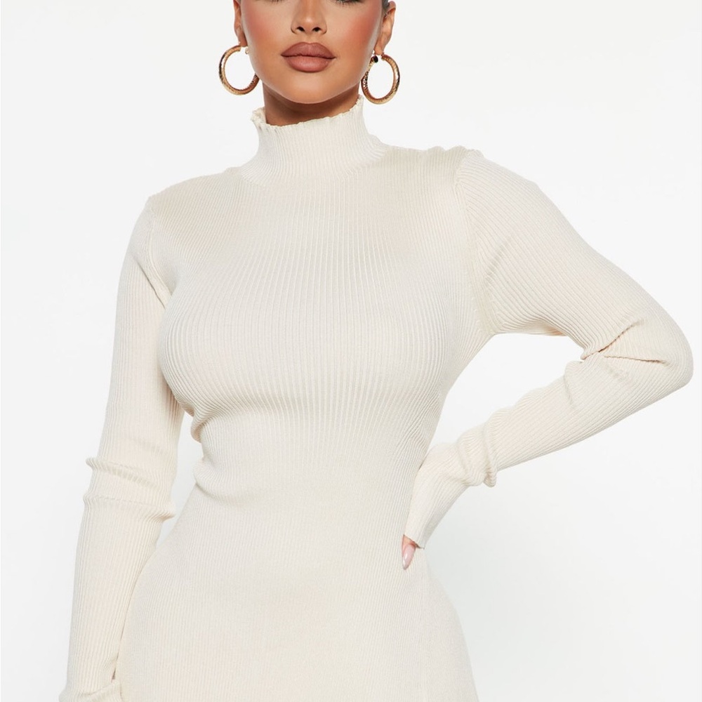 Cream Ribbed Turtleneck Dress